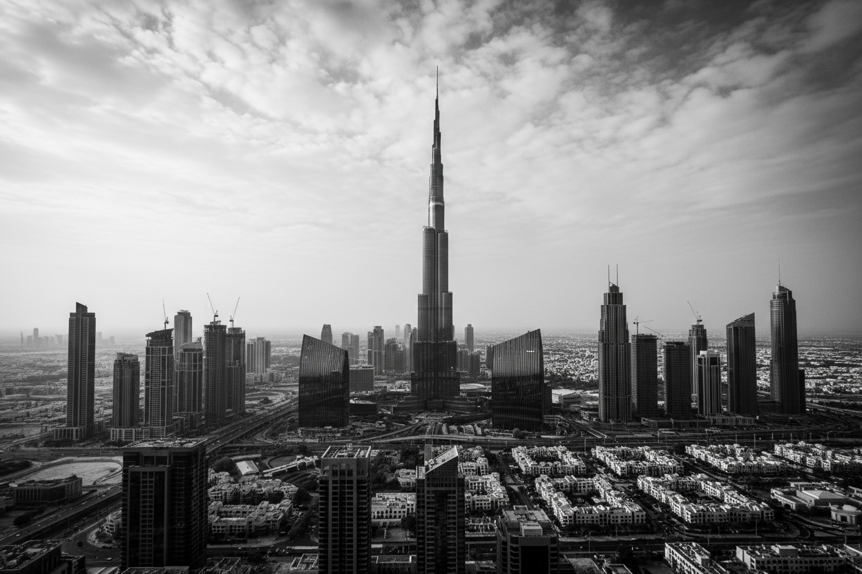 black and white city scape image overlooking dubai 